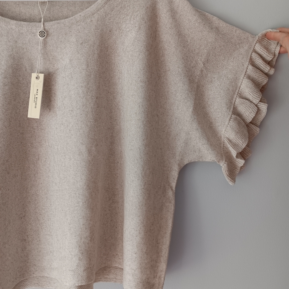 New Max Studio Linen Blend Short Dolman Sleeve Knit Top Oyster Beige Medium - Picture 4 of 9